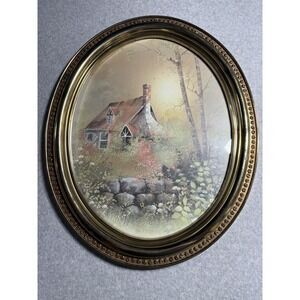 Vintage Syroco 1982 Oval Gold Plastic Picture Frame Cottage In Forest Birch Tree